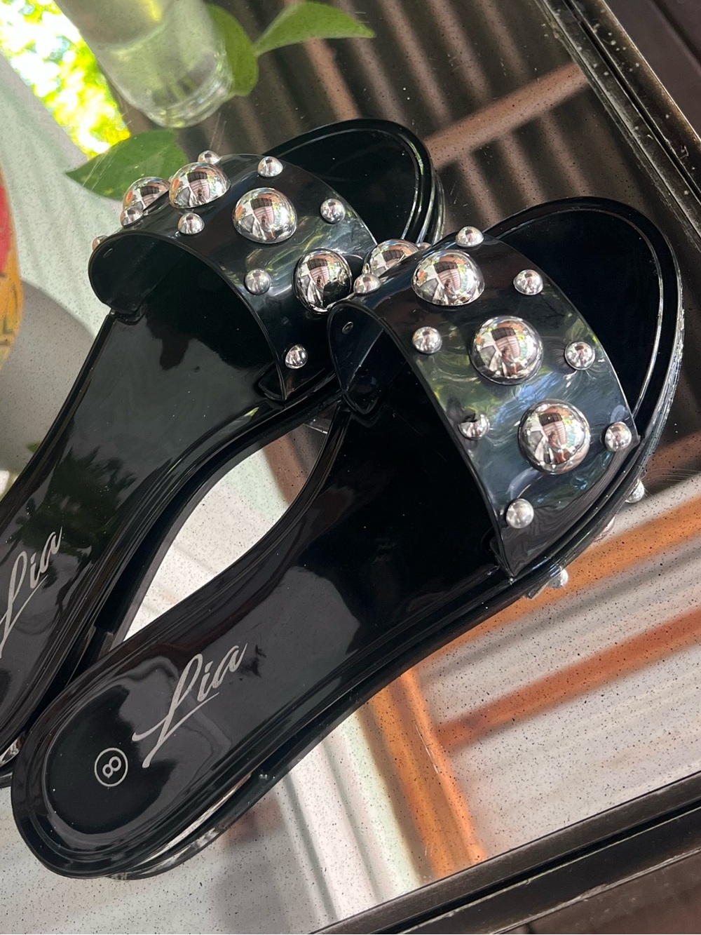 Silver Studded Black Jelly Slide Sandals sz 8